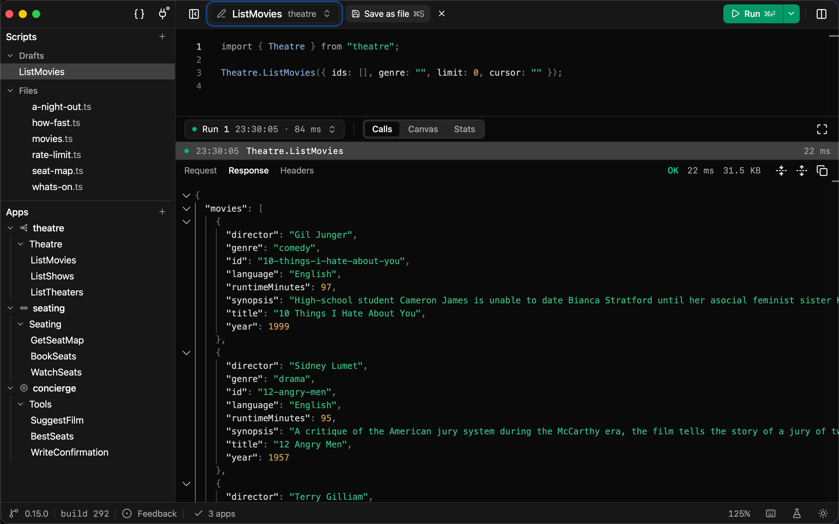 Kaja running a script against gRPC, OpenAPI and MCP apps